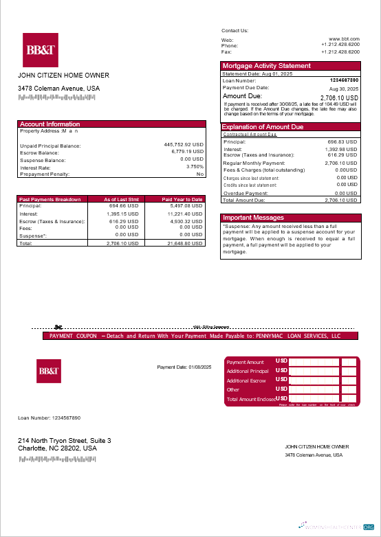 Download USA Washington BB&T bank mortgage statement in Word and PDF formats Photoshop template